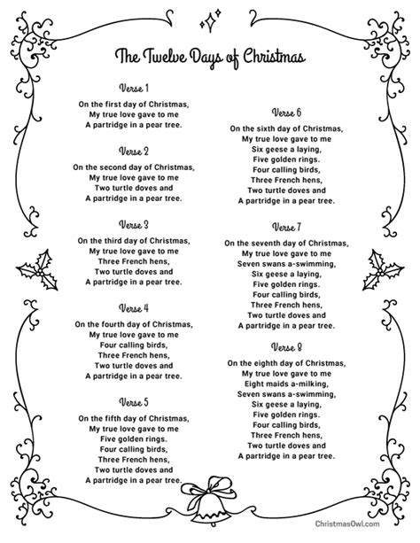 The 12 Days Of Christmas Lyrics Printable